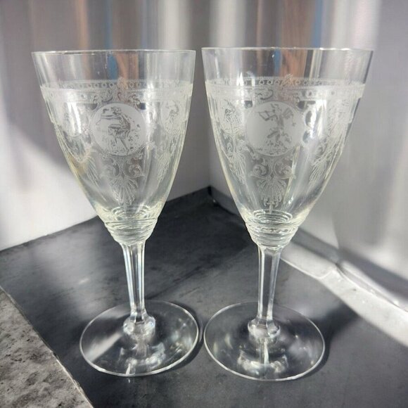 Heisey Pied Piper Etched Crystal Water Goblet Delicate Stemware Glasses Set 2 - Picture 1 of 10